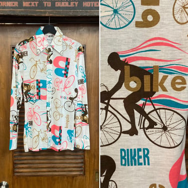 Vintage 1970’s -Deadstock- Bicycle Print Mod Disco Polyester x Rayon Pop Art Cartoon Shirt, 70’s Vintage Clothing 