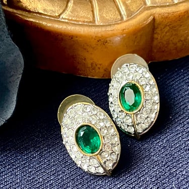 Luxe Bling Pave' Earrings, Faux Emerald, Crystal  Rhinestones, Studs, Pierced, Vintage 