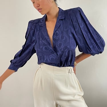 90s balloon sleeve silk blouse / vintage Prussian blue silk jacquard pleated balloon sleeve blouse | Medium 