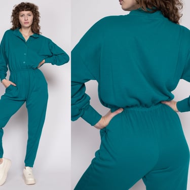 Medium 80s Teal Loungewear Sweatsuit | Vintage Jumpsuit Green Snap Up Long Sleeve Track Suit Outfit 