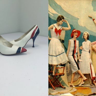 Her Patriotic Duty to Serve - Vintage 1950s Navy Red White Patent Leather Stilettos Pumps Heels - 7 