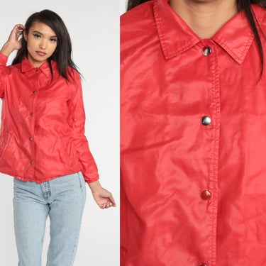 Red Nylon Jacket 80s Lightweight Shell Jacket Retro Plain Snap Up Windbreaker Shiny Track Hipster Streetwear Jacket Vintage 1980s Small S 