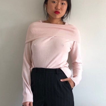 90s cashmere cowl sweater / vintage blush pink cowl neck off shoulder merino cashmere blend sweater | Large 