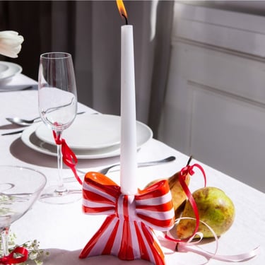 Striped Bow Taper Candle Holder - Large