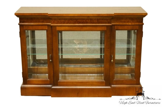 PULASKI FURNITURE Walnut 42” Low Breakfront Curio Display Console Cabinet w. Burled Wood Accents 