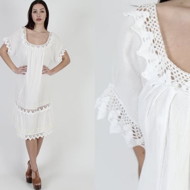 White Cotton Gauze Dress / Vintage 80s Plain Crochet Beach Dress / Lightweight Thin Sun Dress / Sheer Low Cut Mexican Midi 