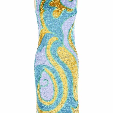 Chez Royale Sequin Knit Turquoise And Gold Mod Dress