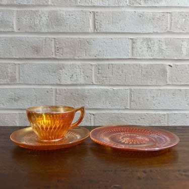 Vintage Jeanette Glass Orange Tea Cup, Saucer, Plate 