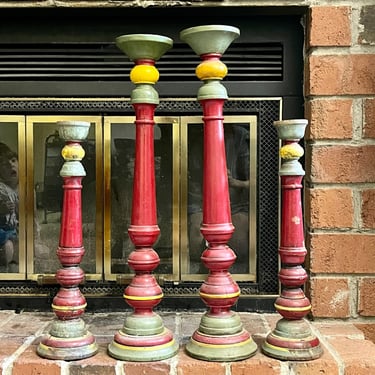Antique Red Green Yellow Wood Pillar Candleholders Set of 4 | Dining Room Tablescape | Mantel | Wedding | Extra Large Candleholders Folk Art 