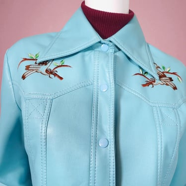 Embroidered 1970s vinyl jacket vintage hippie muted aqua blue flowers peace doves huge butterfly pointed dagger collar silver snaps  (S/M) 