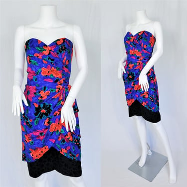 1990's Blue Floral Strapless Silk Sarong Embossed Dress I Sz Med I A.J. Bari 
