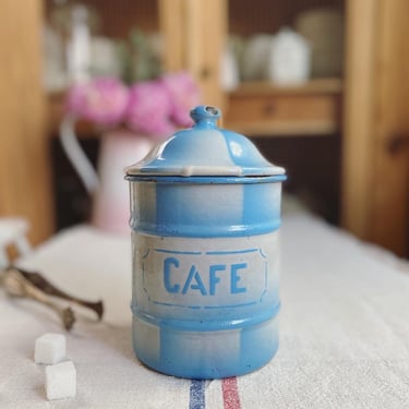 Beautiful vintage French rare find enamelware Cafe canister in blue 