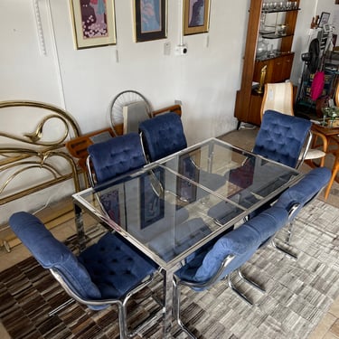 Mid Century/Vintage Chrome & Glass Dining Table with (8) Tufted Sling Chairs by Daystrom