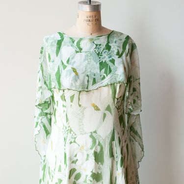 1970s Chiffon Lilly Print Dress 