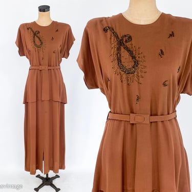 1940s Brown Beaded Evening Dress | 40s Brown Crepe Peplum Evening Dress | Old Hollywood | Large 