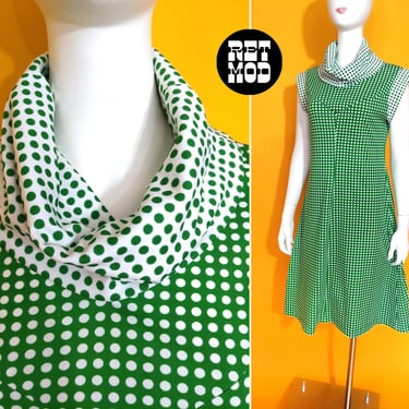 Super Cool Vintage 70s Green White Polka Dot Day Dress with Cowl Neck 