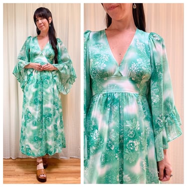 70s green cotton angel sleeve maxi dress 