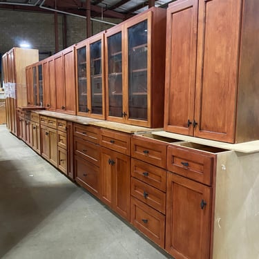 27 Piece Set of Cherry Stained Kitchen Cabinets with Birdcage Pulls