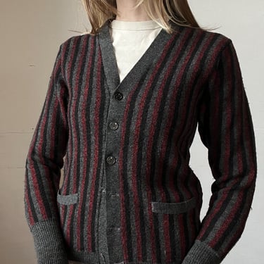 Vintage, 1940s Striped Wool Cardigan Sweater, Black Red, Knitwear 