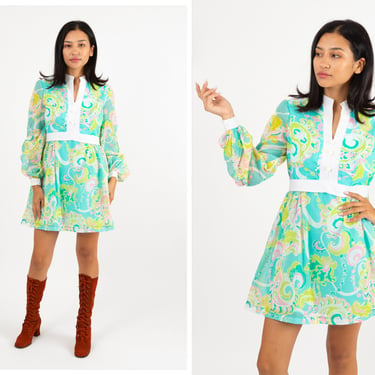 Vintage 1970s 70s Teal Psychedelic Paisley Button Up Long Sleeve Mini Dress w/ Sheer Balloon Sleeves 