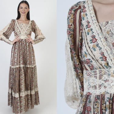 Gunne Sax Sheer Sleeve Maxi Dress, Jessica McClintock Cottage Gown, Autumnal Bohemian Cottage Dress Size 9 