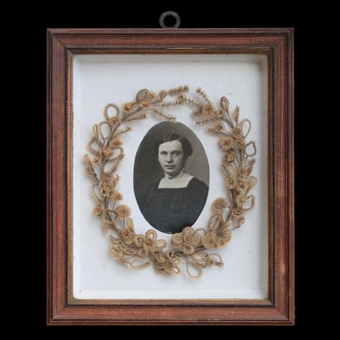 Antique HUMAN HAIR Art / Victorian Mourning Hairwork Wreath / Framed Hair Flower Wreath with Photo Portrait / 19th century 