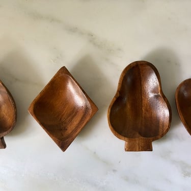Vintage Set of Four Wooden Card Suits Bowls Dishes, Vintage Teak Bowl Set, Spade Club Diamond Heart Tiki 50s Retro Decor 