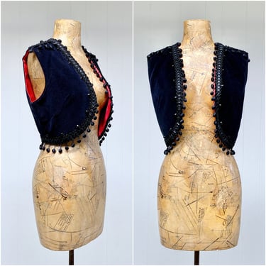 Vintage 1950s Fancy Black Velvet Bolero Vest, Beaded Gaucho Style Waistcoat by Pauline for Bullock's Wilshire, Small 34