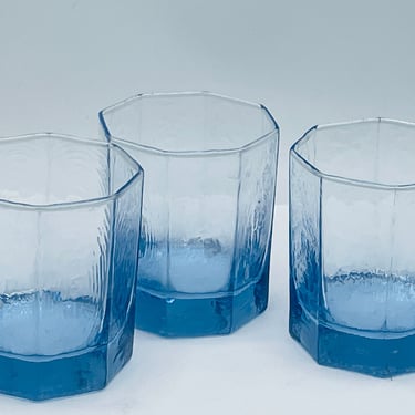 Vintage set of 3 Libbey "Facets" Blue Old Fashioned Rocks Tumblers Glasses 8 panel 