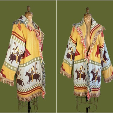 WESTWORLD Vintage 80s Fringed Blanket Oversized Coat | 1980s Indian Chief Theme Tapestry Southwestern Style Jacket | 90s 1990s | Size Medium 