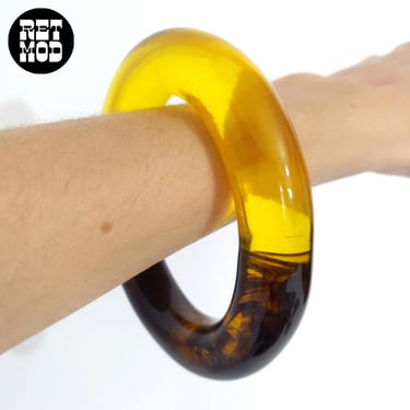 Incredible Vintage 60s 70s Chunky Translucent Yellow & Brown Swirl Lucite Statement Bangle 