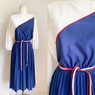 Vintage 1980s Red, White & Blue Color Block Day Dress / M 