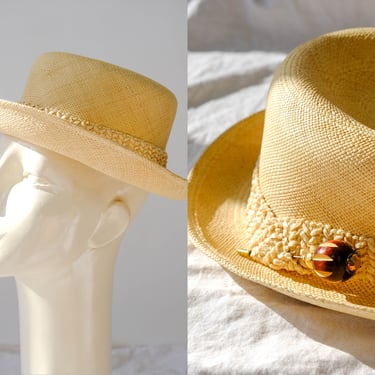Vintage 70s Adolfo Natural Straw Fedora Sun Hat w/ Raffia Headband & Ornate Wood Hat Pin | Flexible Brim | 1970s Designer Boho Straw Fedora 