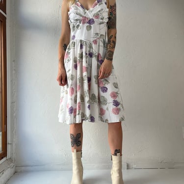 80s does 50s 'Memories' White Floral Halter Neck Circle Skirt Dress / Medium 