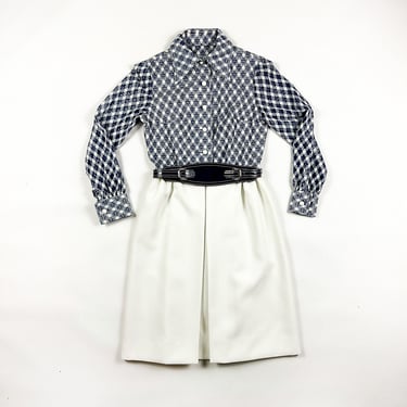1960s / 1970s Blue and White Shirt Dress / Sheer Open Knit Polyester / Matching Belt / Mod / Small / Scooter / Dolly Parton / Howard Wolf 