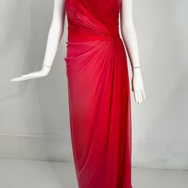 Monique Lhuillier Collection Red Pink Pleated Ombre Silk Chiffon Strapless Gown