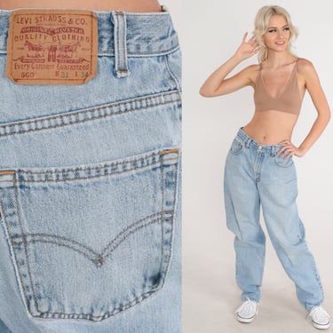 Levis 560 Jeans 90s Relaxed Mom Jeans High Waisted Light Wash Blue Denim Pants Tapered Straight Leg Levi Strauss Vintage 1990s Medium 31 