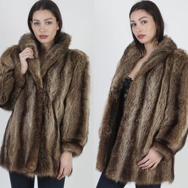 80s Luxe Shaggy Raccoon Fur Jacket, Plush Brown Shawl Collar Stroller Coat 