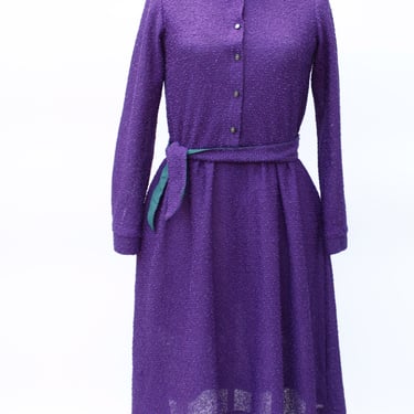 Vintage 70's Pullover Shirt Dress - Beautiful Violet Purple - Textured Knit Polyester - Semi Sheer - Teal & Purple Contrasting Tie Belt - S 