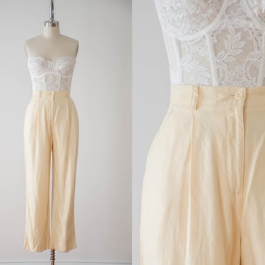 high waisted pants | 80s 90s vintage Liz Claiborne pastel yellow linen academia style straight leg pleated trousers 