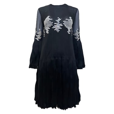 Galanos 1960's Black Satin Ribbon Dress with Silver Rhinestones, NWT