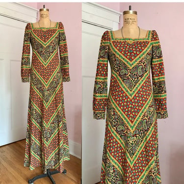 1970's Long Sleeve Paisley Maxi Dress with Square Neckline 