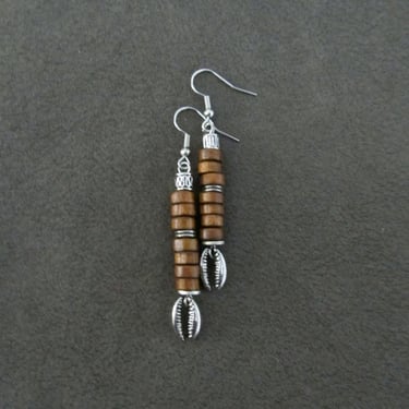 Modern wooden and silver cowrie earrings 