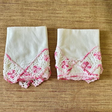 Vintage Standard Pink and White Crochet Trim Pillow Cases - Set of Two 