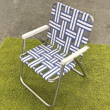 Vintage Lawn Chair Retro 1990s Sunbeam + Silver Aluminum Frame + Webbed + Red + White + Blue + Outdoor Seating + Folds Up + Summertime 