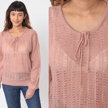 Dust Pink Sweater 70s Sheer Pointelle Knit Pullover Sweater Cut Out Bow Tie Cutout Hippie Spring Acrylic Vintage 1970s laur re san Medium M 