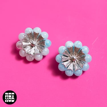 Cute Simple Vintage 60s Light Blue & Silver Round Beaded Clip-On Earrings by Coro 