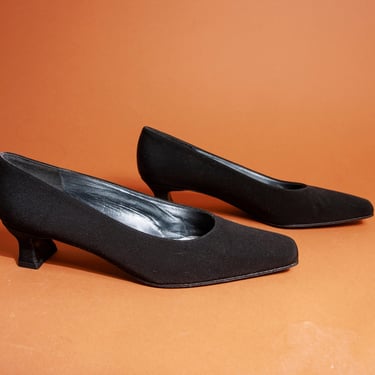 90s Black Classic Stuart Weitzman Designer Heels Vintage Fabric Statement Heel Shoes 