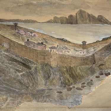 Antique Folk Art Drawing of Fortified City on a Coast - Turn of the Century Artwork - San Antonio Texas Estate - Watercolor and Charcoal 