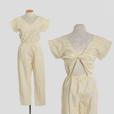 80s backless jumpsuit |  Vintage 1980s yellow striped cotton playsuit capris jumpsuit 